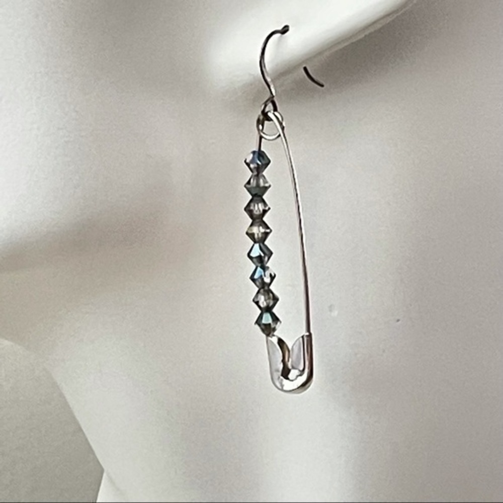 Handmade Grey Swarovski Crystal Safety Pin Earrings Industrial Upcycle Bling - Picture 3 of 5